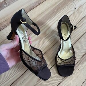 PM Collection Brown Satin rainbow Beaded sheer Mesh Kitten Heel Sandals womens 6